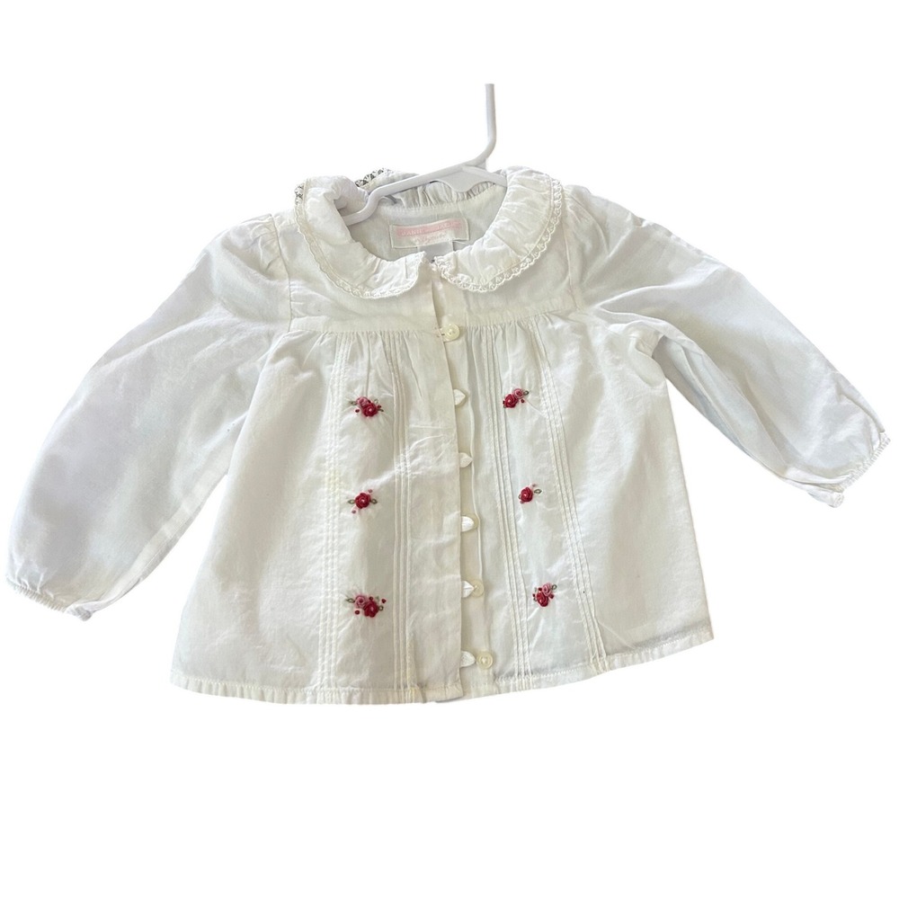 Janie and Jack Baby Girls White Floral Embroidered Pintuck Blouse 6-12 Months